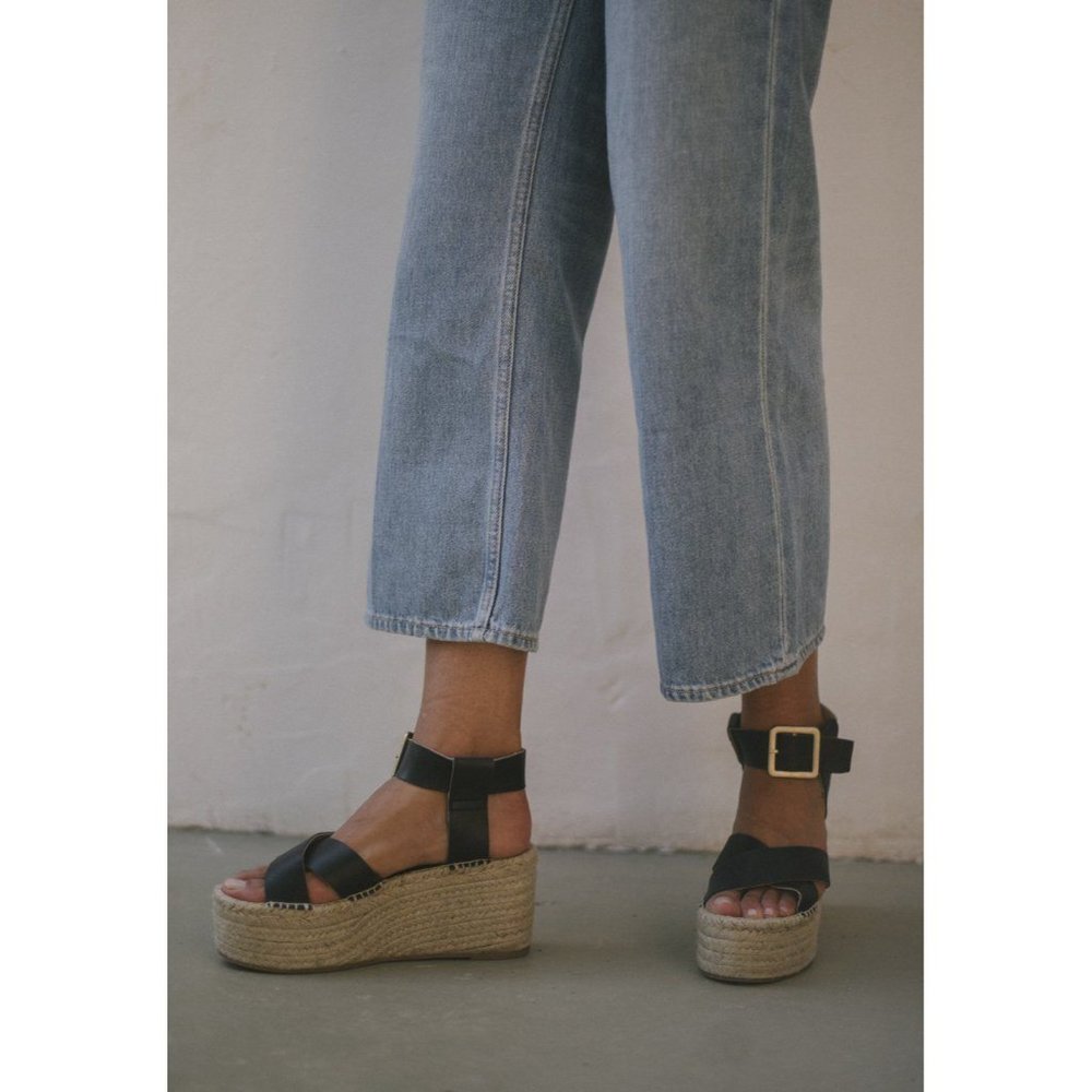 Aloha Kailua Espadrille Platform Wedge Sandals Leather Black Size 37 US 6.5